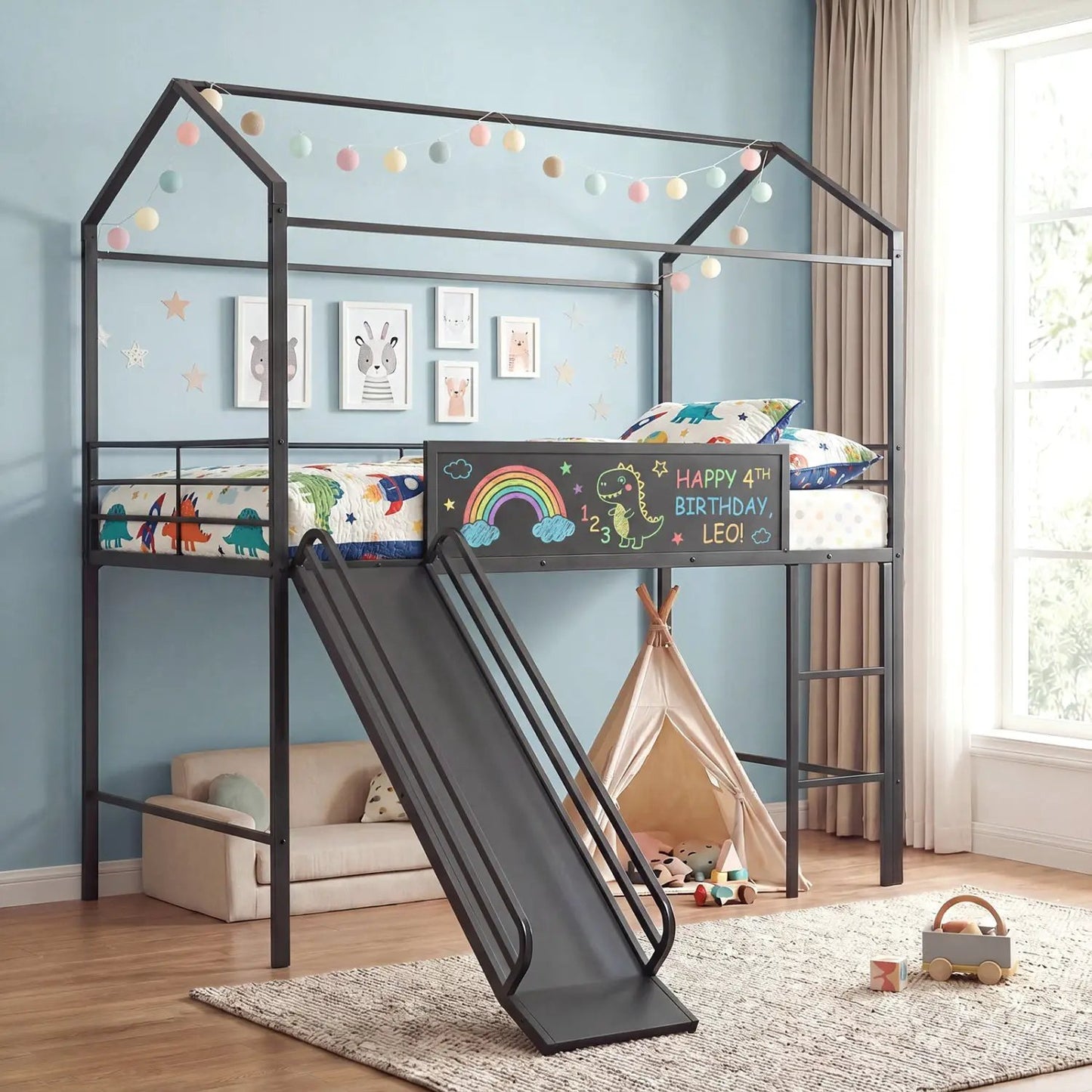 Kids Twin Loft Bed and Slide for Bedroom