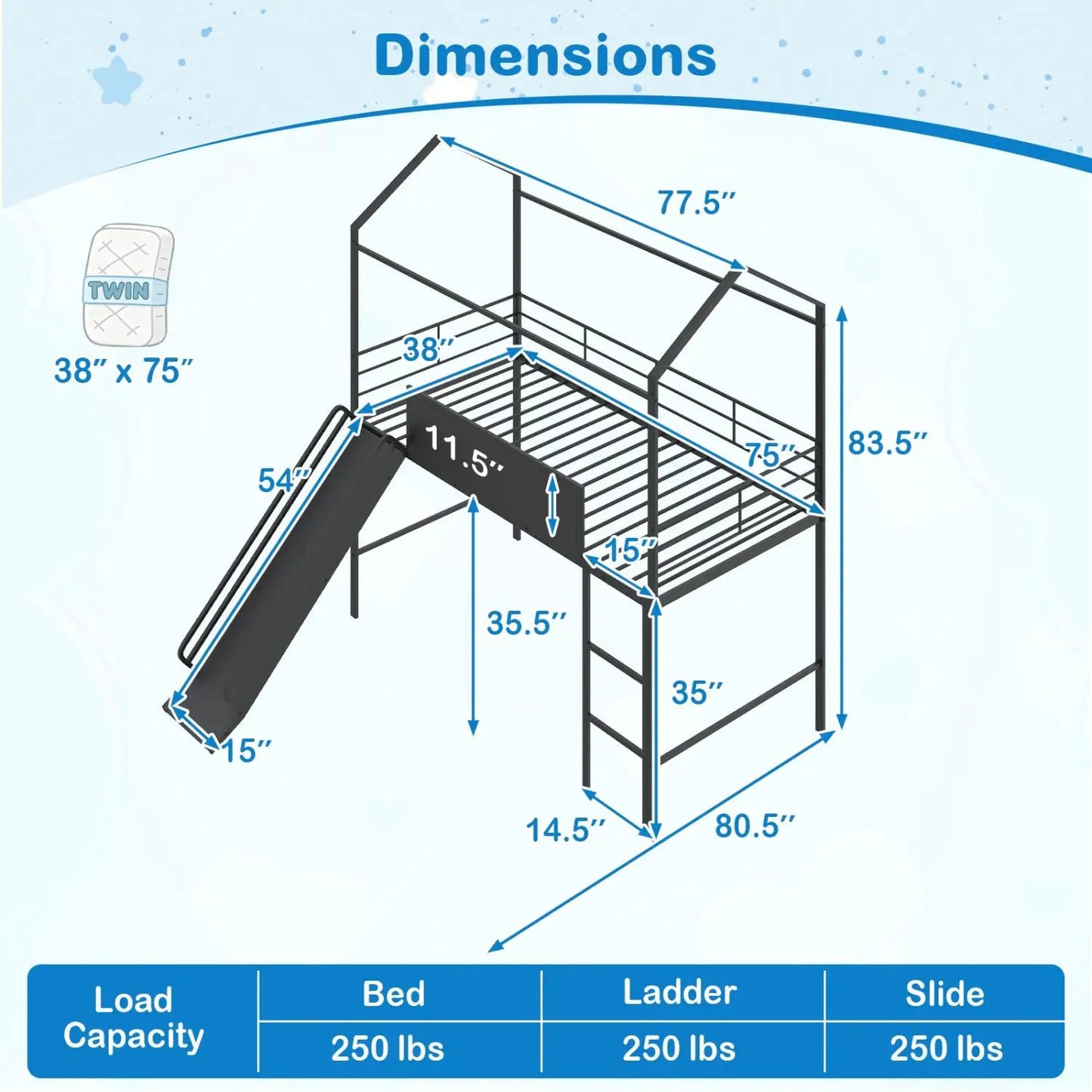 Kids Twin Loft Bed and Slide for Bedroom