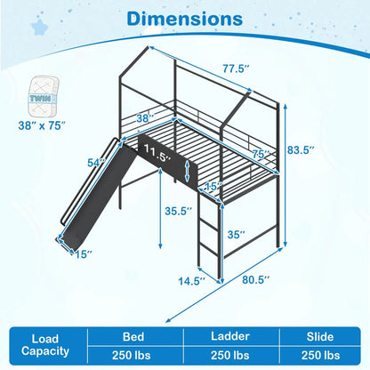 Kids Twin Loft Bed and Slide for Bedroom