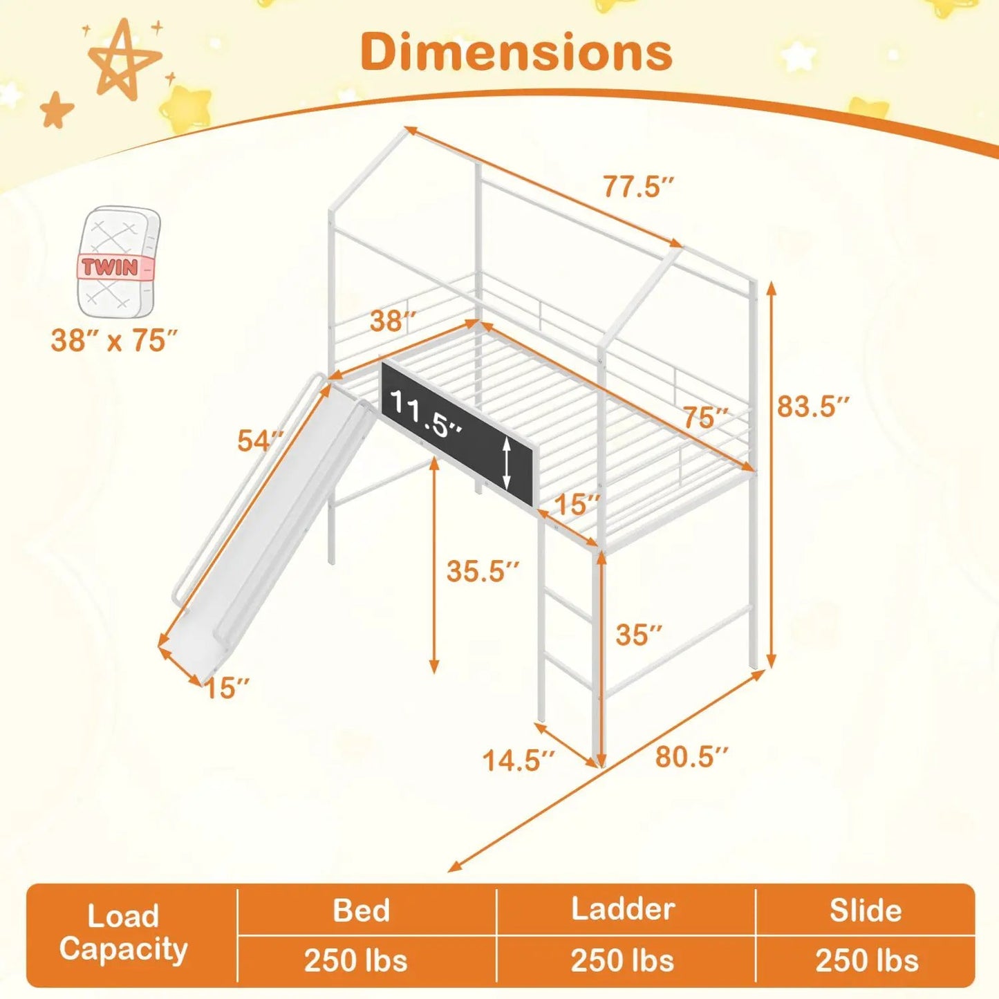 Kids Twin Loft Bed and Slide for Bedroom