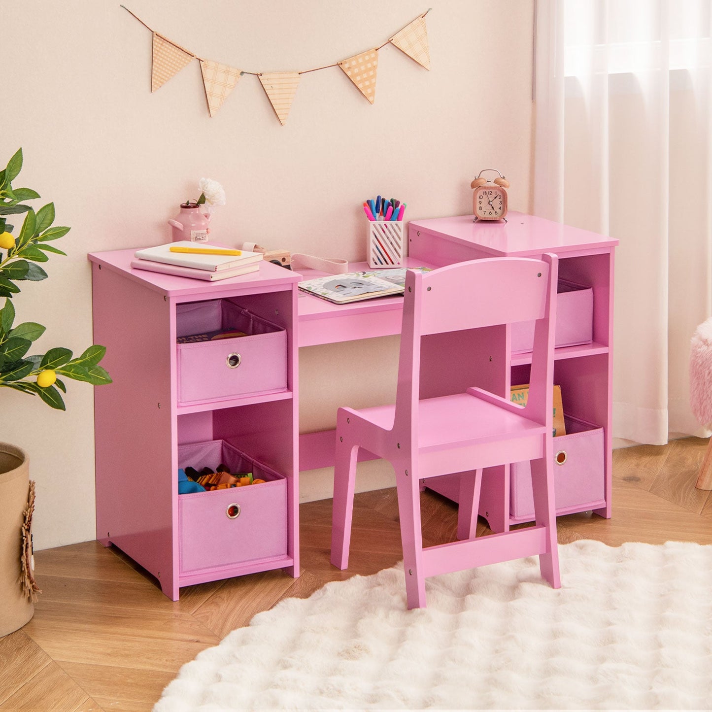 Kids Vanity Table and Chair Set with Removable Mirrors and 4 Storage Bins