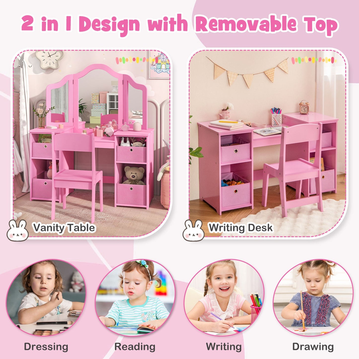 Kids Vanity Table and Chair Set with Removable Mirrors and 4 Storage Bins