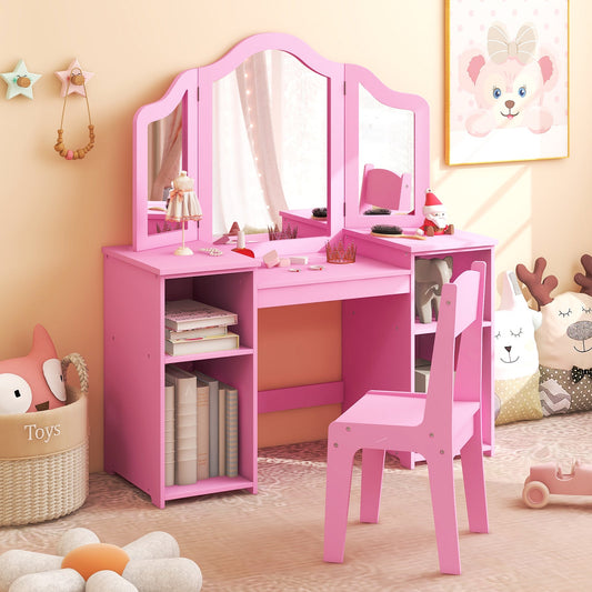 Kids Vanity Table and Chair Set with Removable Tri-Folding Mirror - Tampa Home & Garden Store