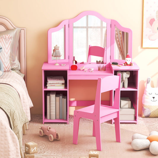 Kids Vanity Table and Chair Set with Removable Tri-Folding Mirror - Tampa Home & Garden Store