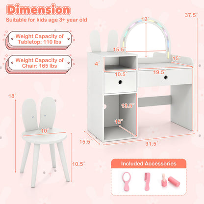 Kids Vanity Desk and Chair Set with Lights Open Shelves