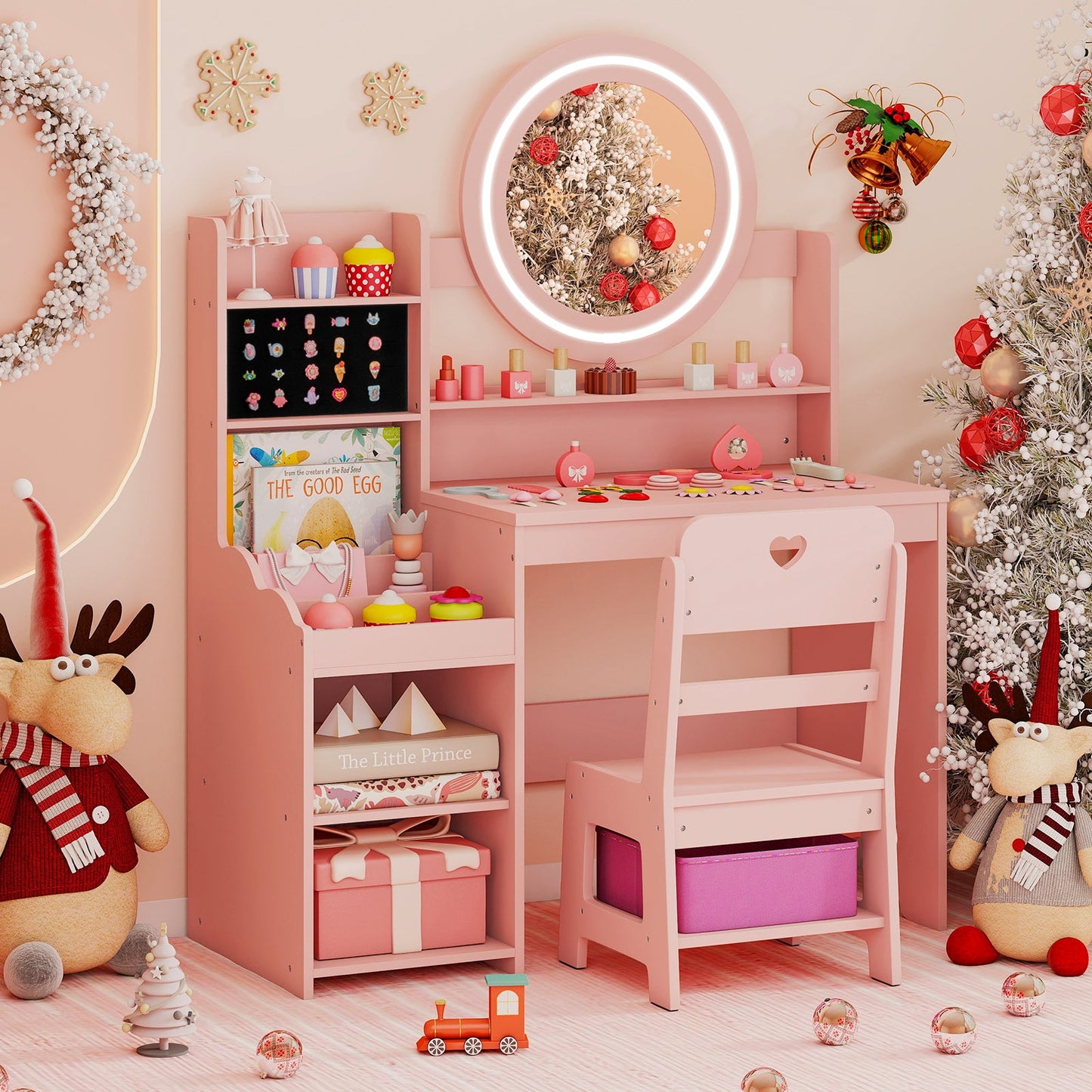 Kids Vanity Desk with Mirror and Lights Princess Pretend Play Dressing Table and Chair Set