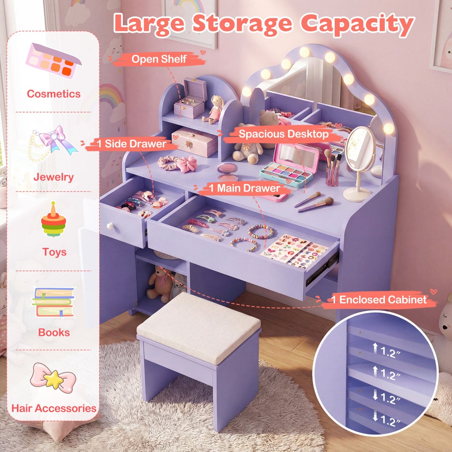 Kids Vanity Desk with Mirror and Lights Princess Pretend Play Dressing Table-Purple
