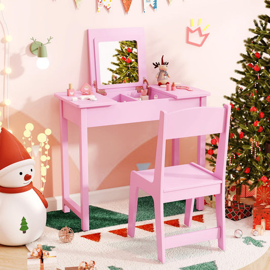 2-in-1 Kids Vanity Makeup Table and Chair Set with Flip Top Mirror