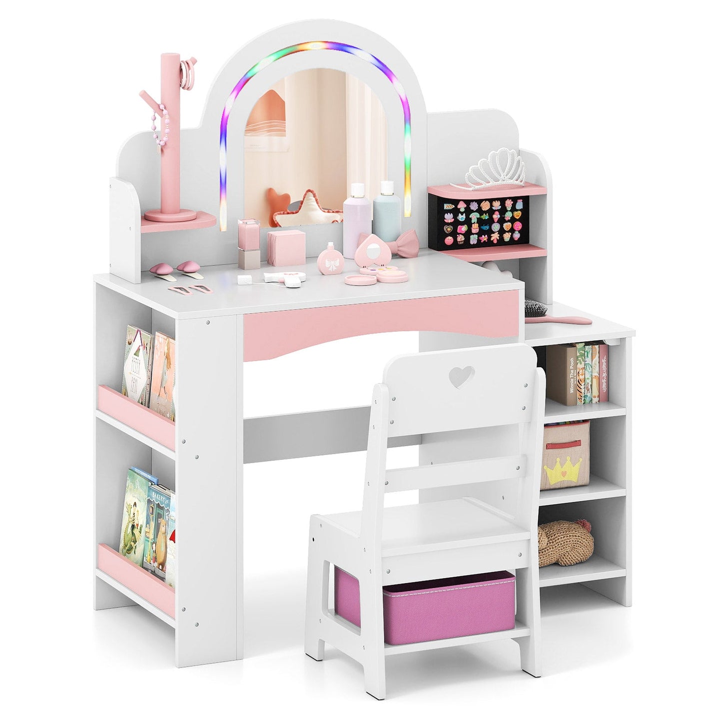 Kids Vanity Set with Colorful LED Lights Princess Makeup Dressing Table with Chair