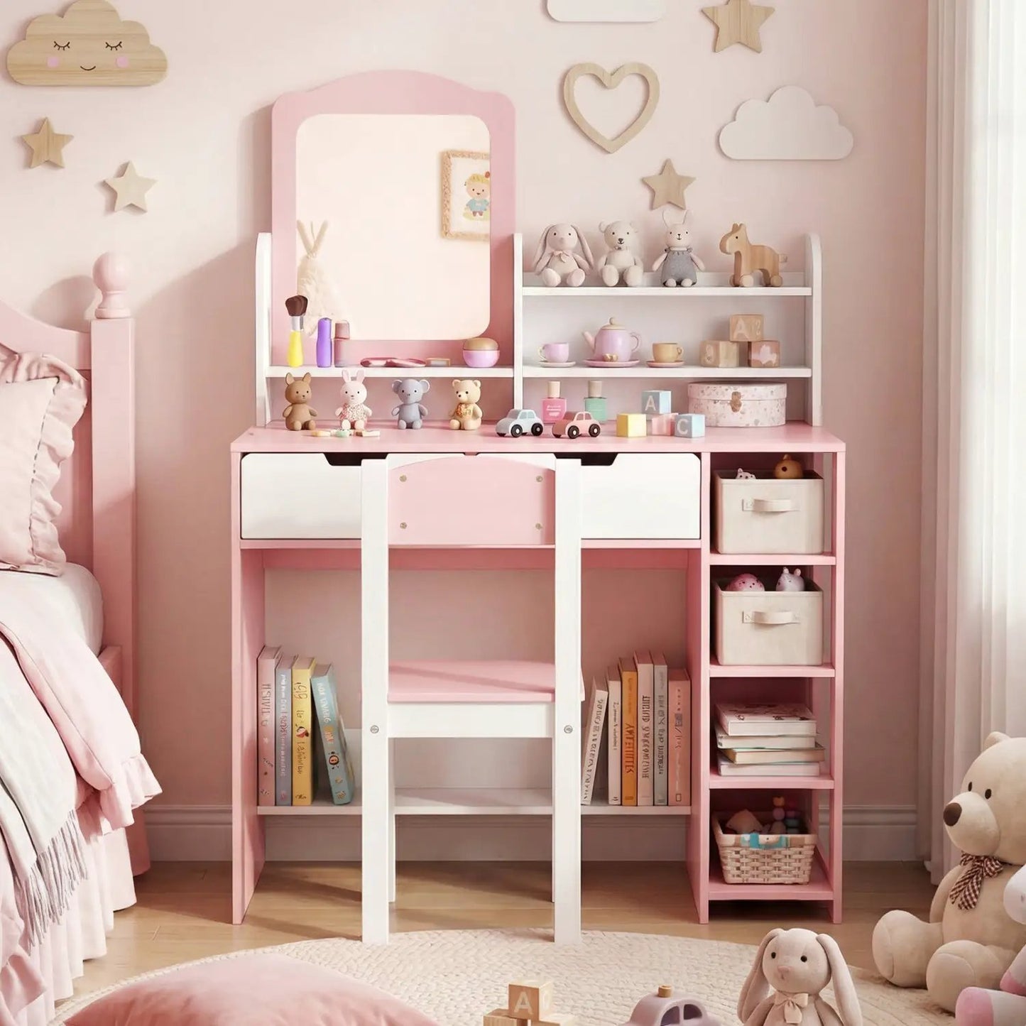 Kids Vanity Set With Chair and Mirror Desk