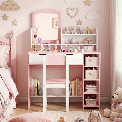 Kids Vanity Set With Chair and Mirror Desk