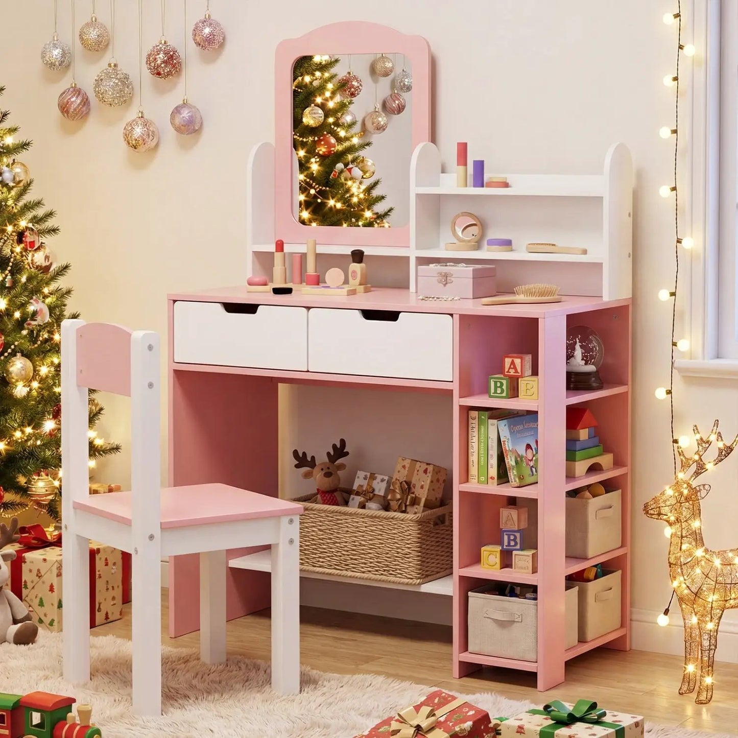 Kids Vanity Set With Chair and Mirror Desk