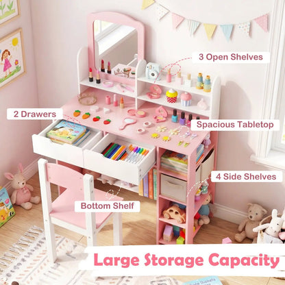 Kids Vanity Set With Chair and Mirror Desk