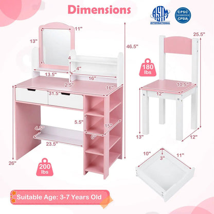 Kids Vanity Set With Chair and Mirror Desk