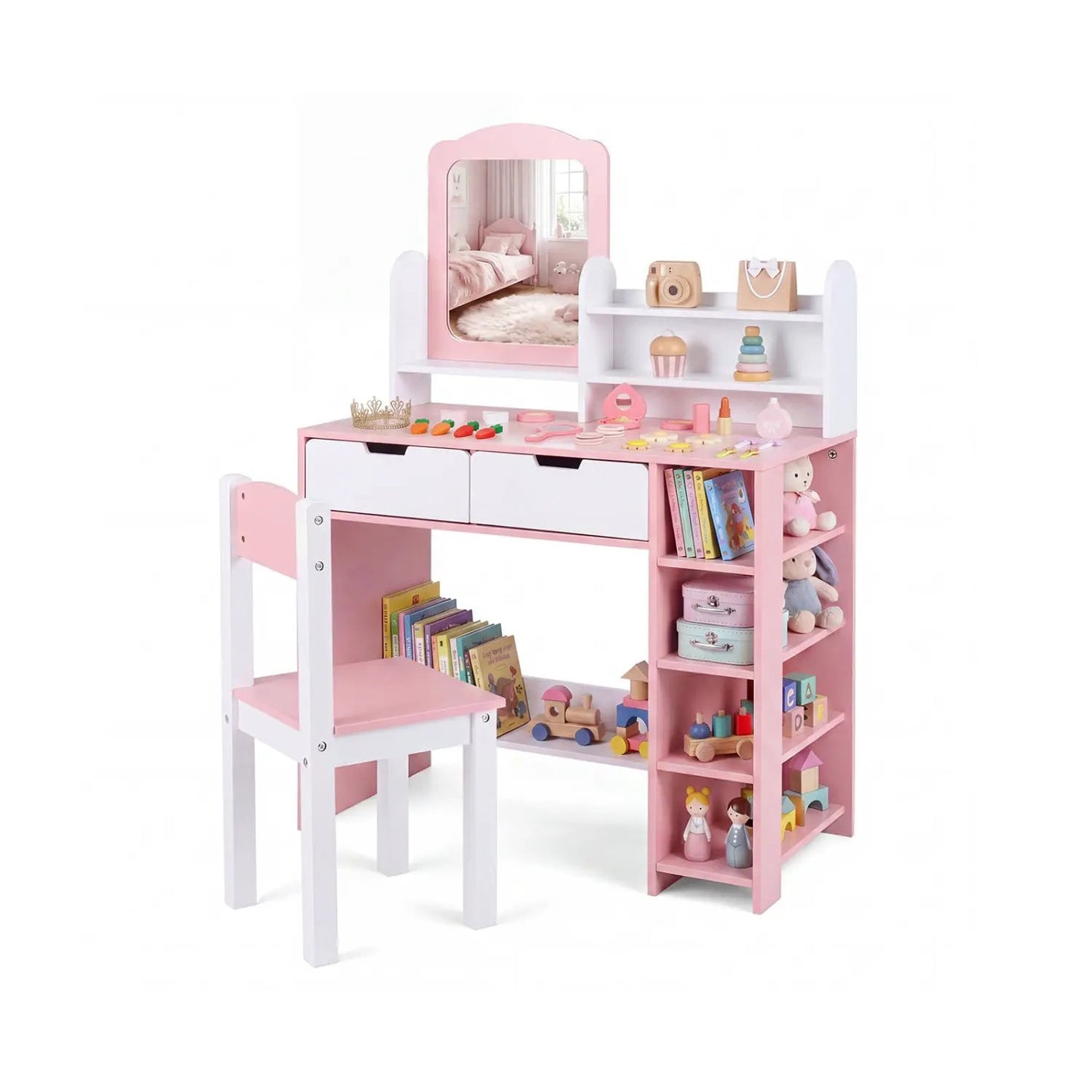Kids Vanity Set With Chair and Mirror Desk