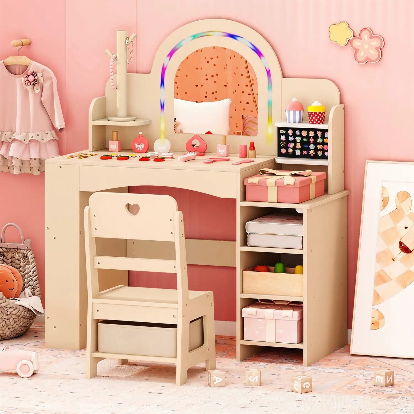Kids Vanity Set with LED Mirror and Chair Natural