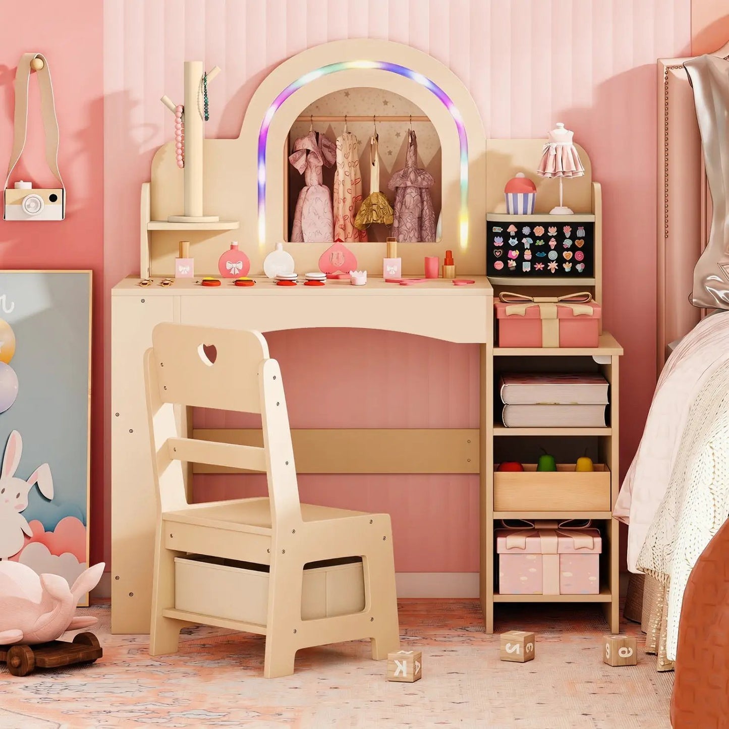Kids Vanity Set with LED Mirror and Chair Natural