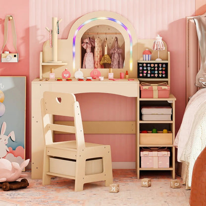 Kids Vanity Set with LED Mirror and Chair Natural