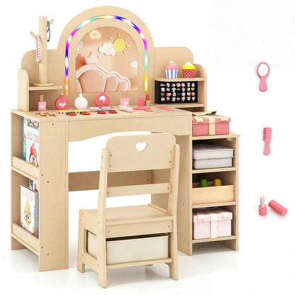 Kids Vanity Set with LED Mirror and Chair Natural