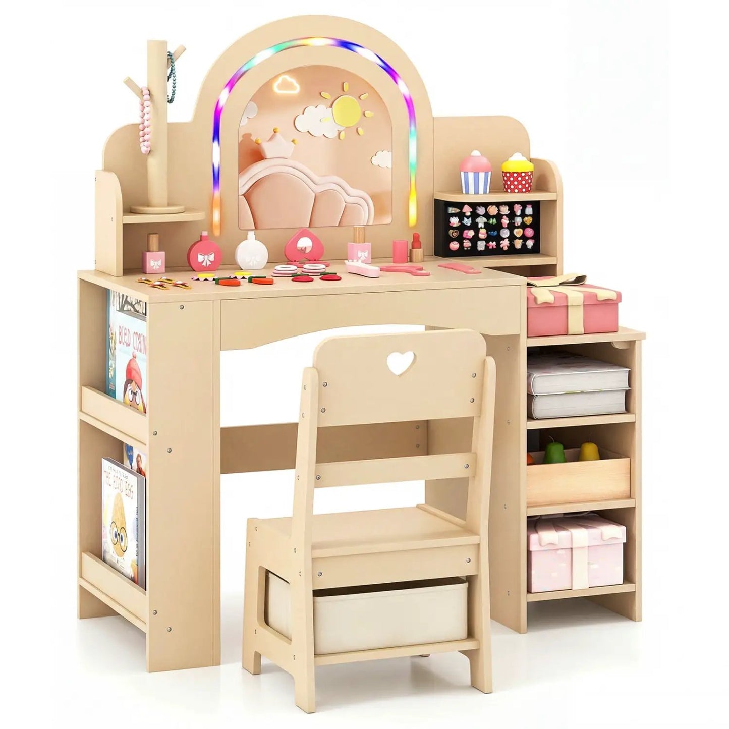 Kids Vanity Set with LED Mirror and Chair Natural