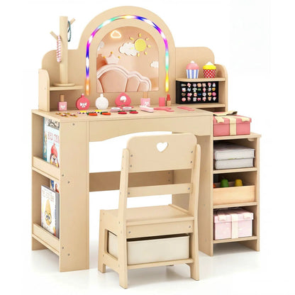 Kids Vanity Set with LED Mirror and Chair Natural