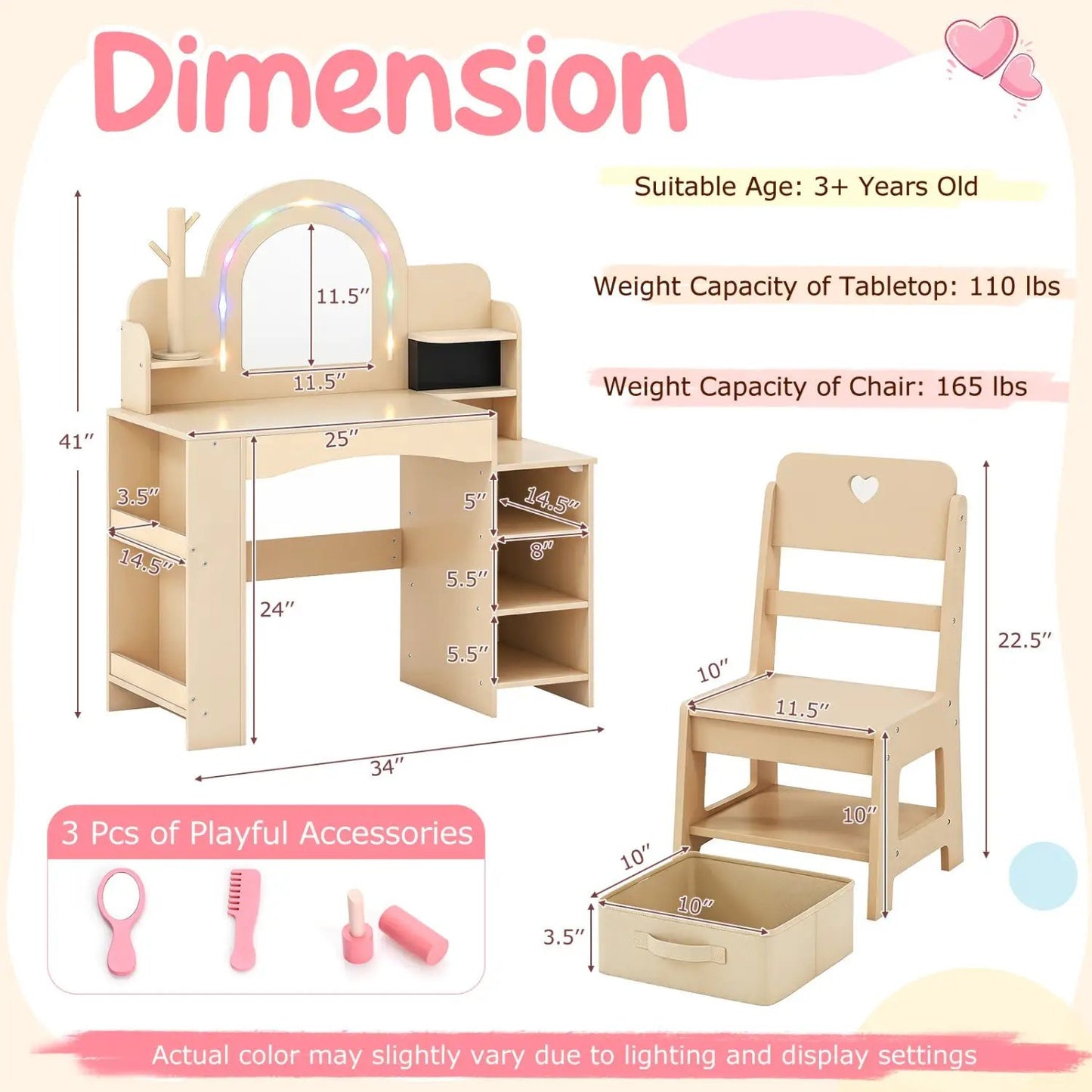 Kids Vanity Set with LED Mirror and Chair Natural