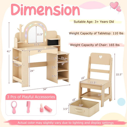 Kids Vanity Set with LED Mirror and Chair Natural