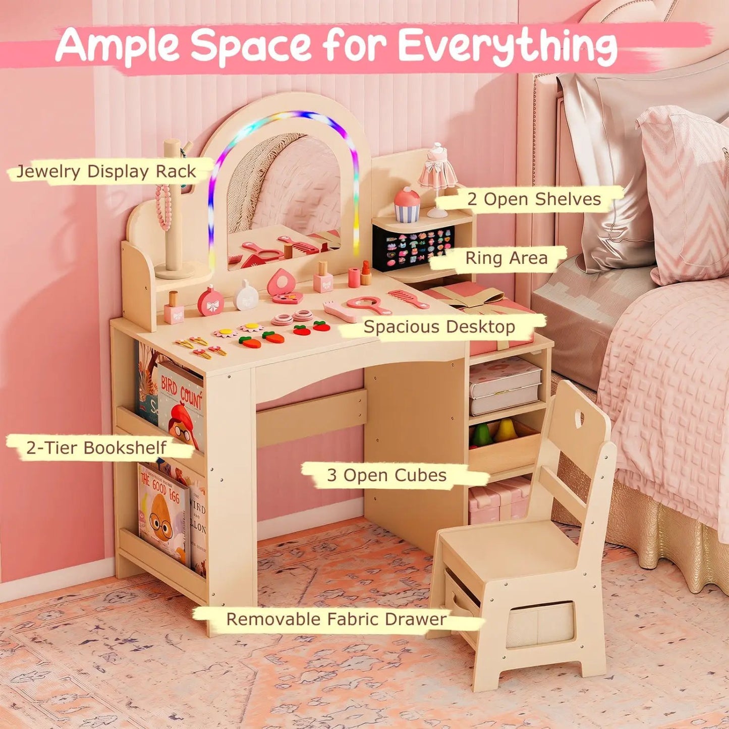 Kids Vanity Set with LED Mirror and Chair Natural