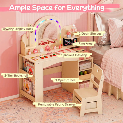 Kids Vanity Set with LED Mirror and Chair Natural