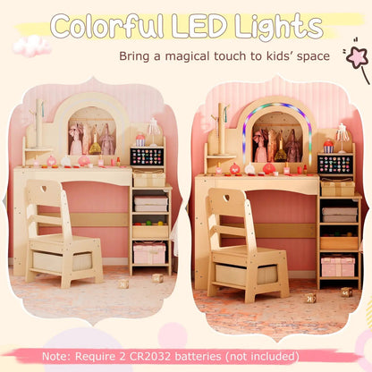 Kids Vanity Set with LED Mirror and Chair Natural