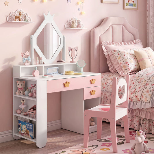 Kids vanity desk with crown mirror, pink drawers with crown knobs, matching pink chair by DirectDeals on Tampa Home & Garden Store