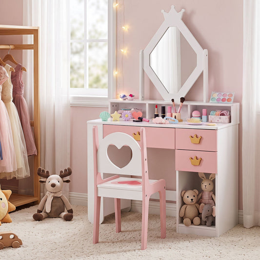 Kids Vanity Set with Crown Mirror and Chair by DirectDeals, white vanity with pink drawers on Tampa Home & Garden Store
