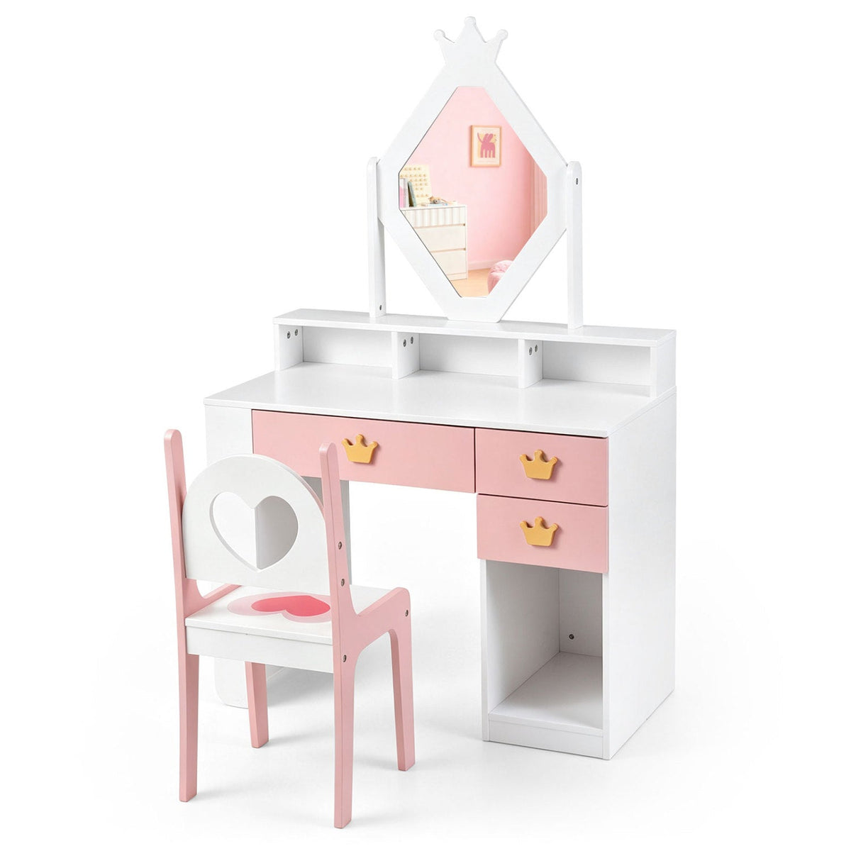Kids Vanity Set with Crown Mirror and Chair by DirectDeals, white vanity with pink accents on Tampa Home & Garden Store