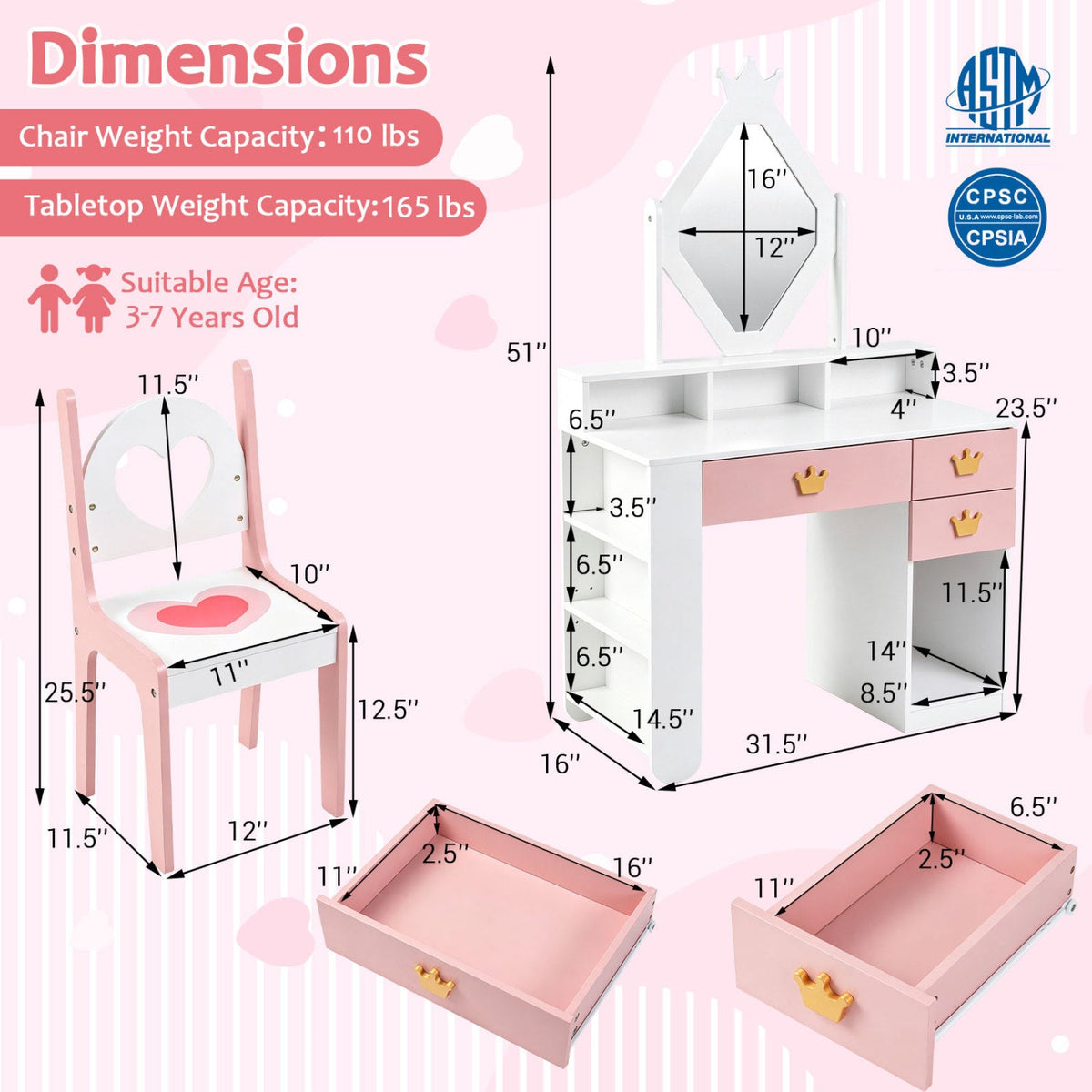 DirectDeals Pink & White Kids Vanity Set with Crown Mirror and Chair on Tampa Home & Garden Store