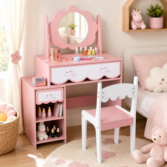 Kids Vanity Set with Rotating Mirror in pink with cloud-drawer fronts and chair DirectDeals on Tampa Home & Garden Store