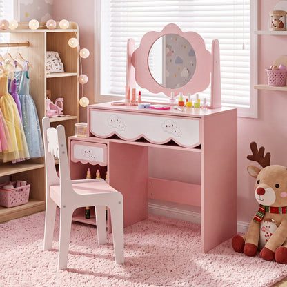 Pink kids vanity set with rotating mirror, cloud-drawer accents, and white chair on Tampa Home & Garden Store