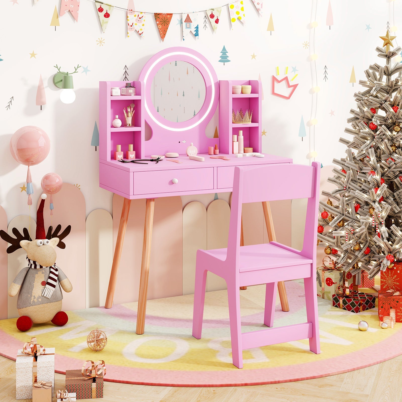 Kids Vanity Set with Lighted Mirror and Storage Drawers - Tampa Home & Garden Store