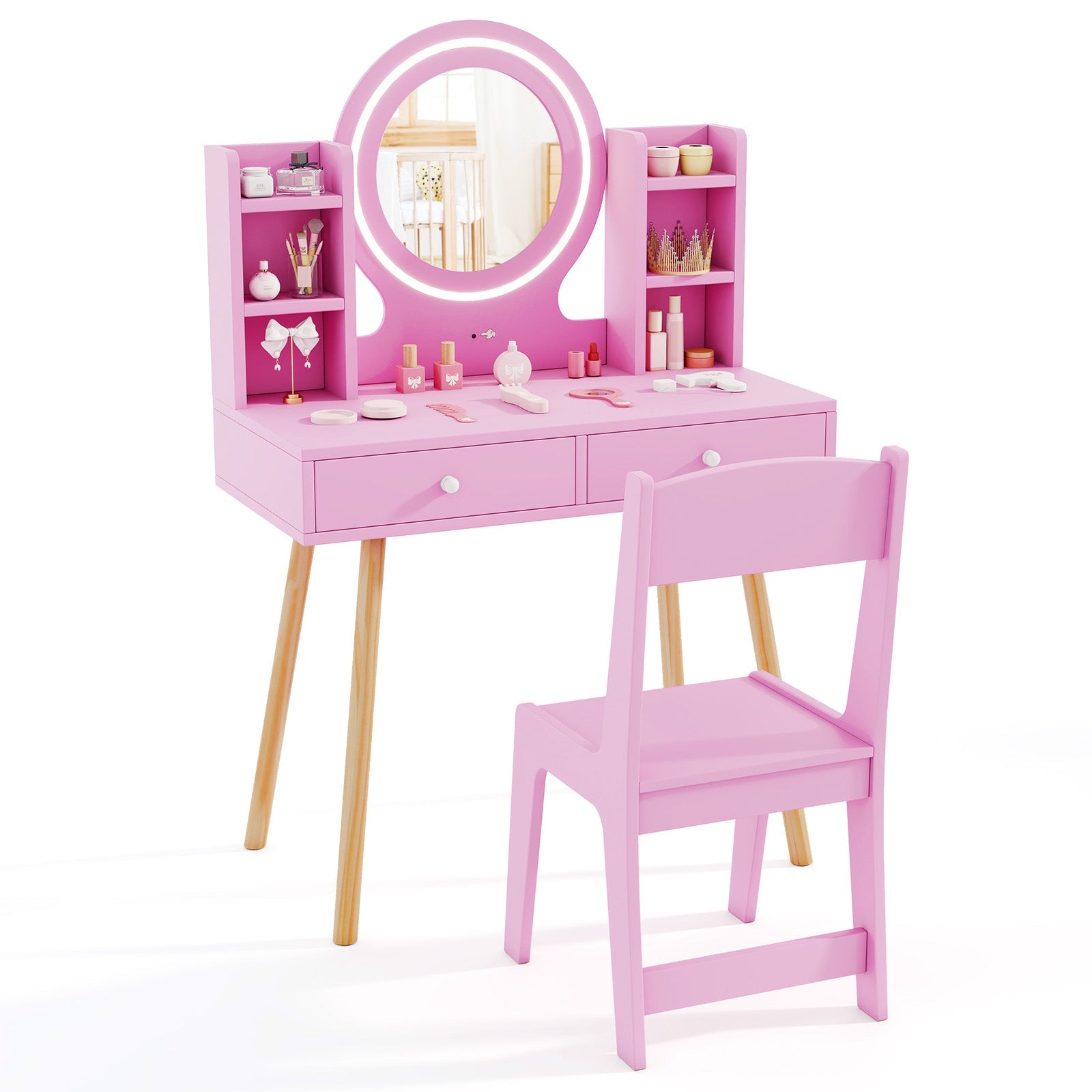 Kids Vanity Set with Lighted Mirror and Storage Drawers - Tampa Home & Garden Store