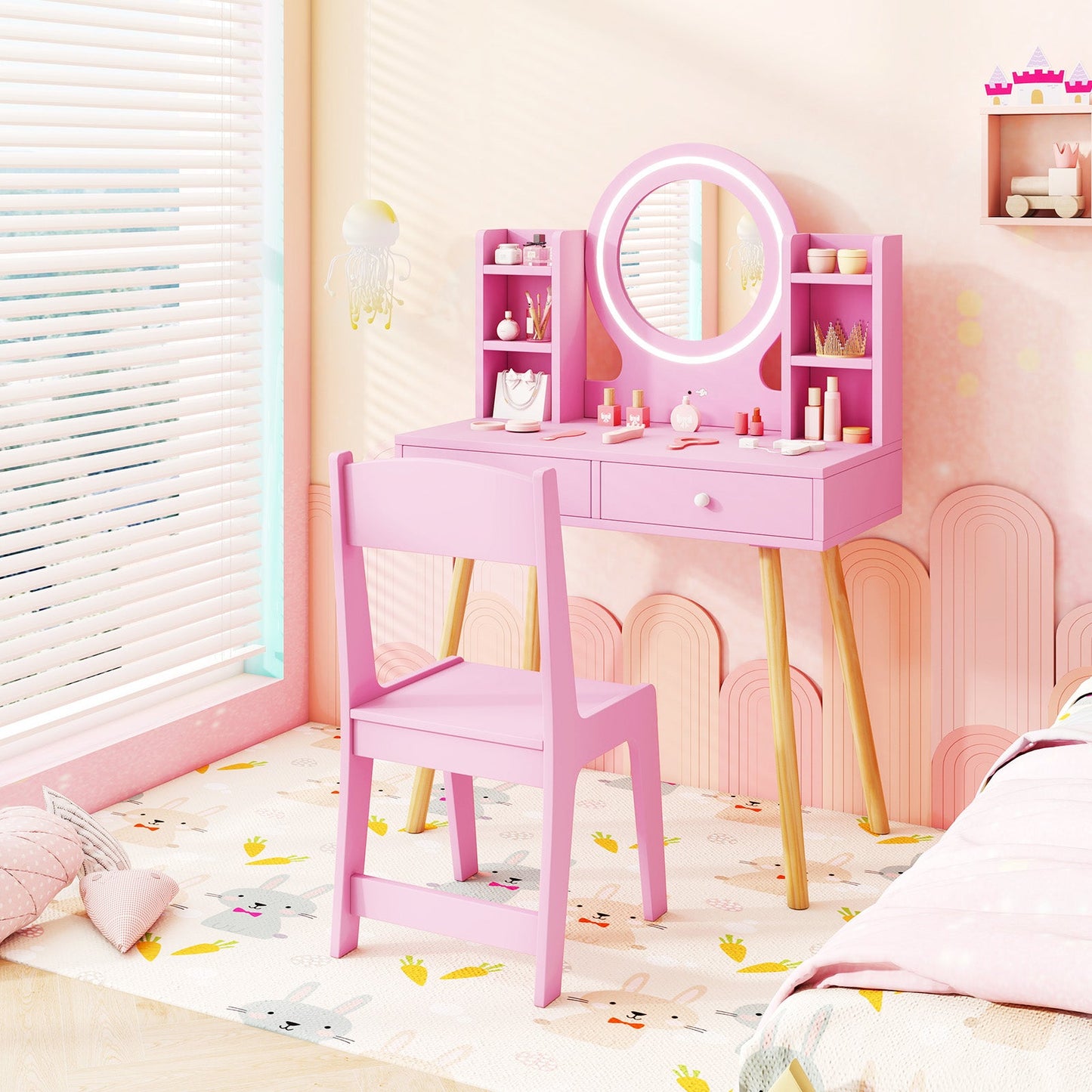 Kids Vanity Set with Lighted Mirror and Storage Drawers - Tampa Home & Garden Store
