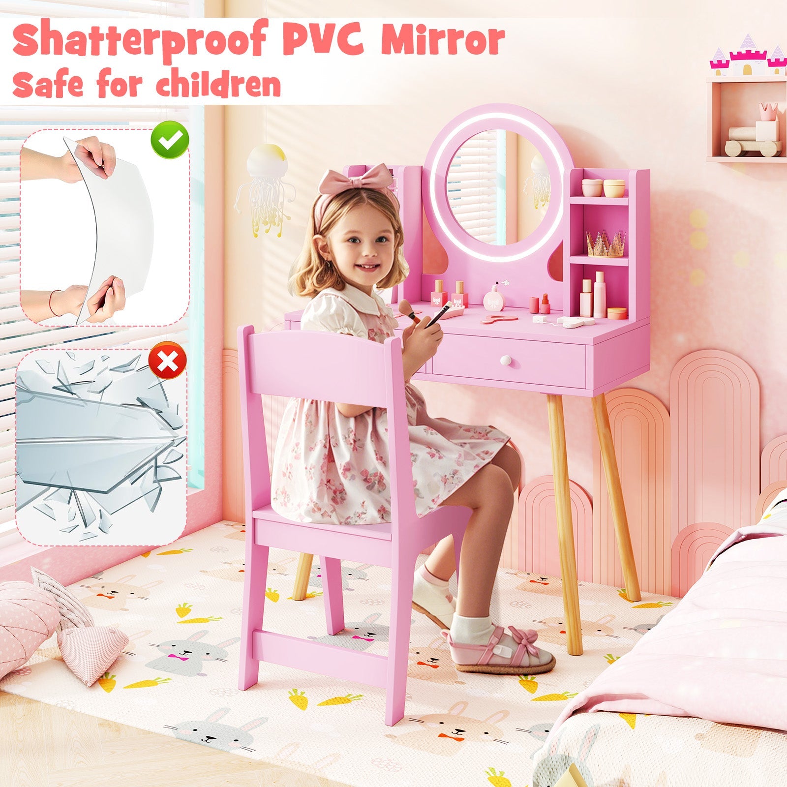 Kids Vanity Set with Lighted Mirror and Storage Drawers - Tampa Home & Garden Store
