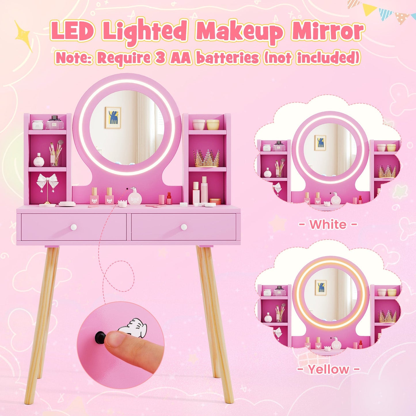 Kids Vanity Set with Lighted Mirror and Storage Drawers - Tampa Home & Garden Store