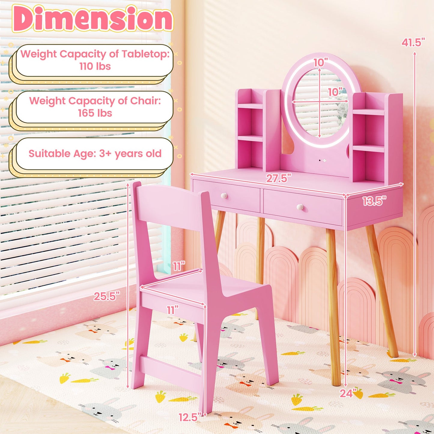 Kids Vanity Set with Lighted Mirror and Storage Drawers - Tampa Home & Garden Store