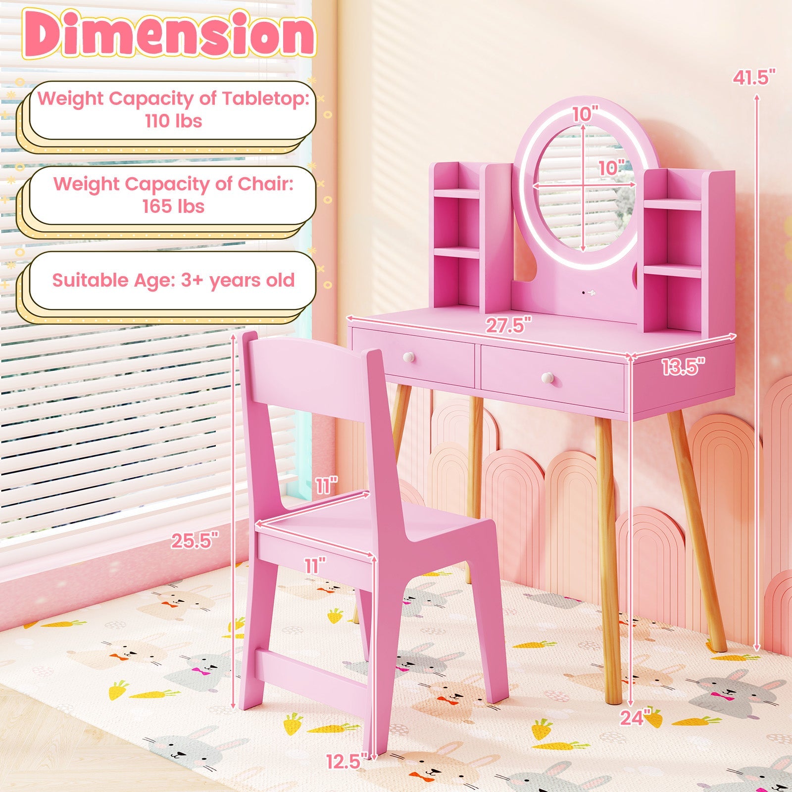 Kids Vanity Set with Lighted Mirror and Storage Drawers - Tampa Home & Garden Store