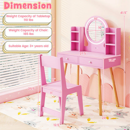 Kids Vanity Set with Lighted Mirror and Storage Drawers - Tampa Home & Garden Store