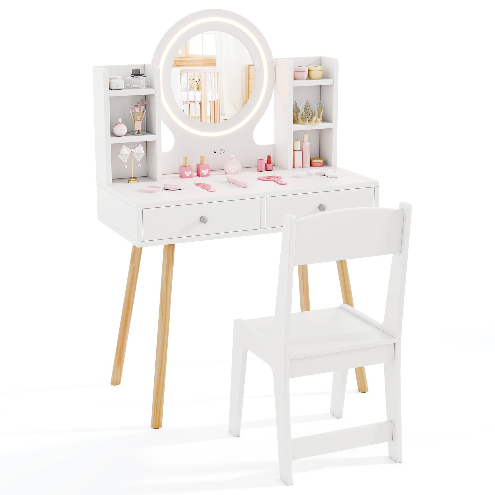 Kids Vanity Set with Lighted Mirror and Storage Drawers - Tampa Home & Garden Store