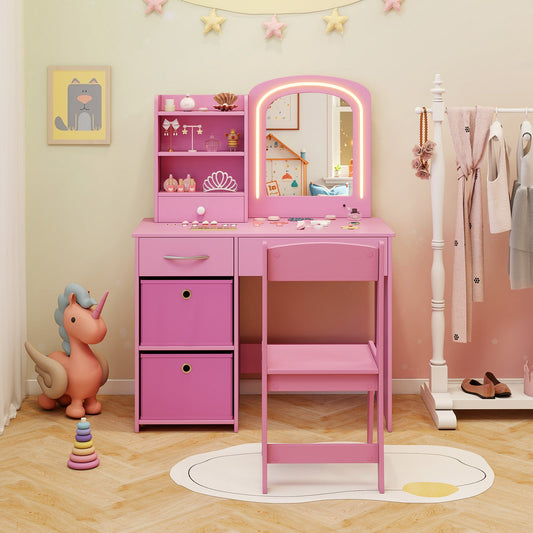 Kids Vanity Set with Lighted Mirror Makeup Desk and Chair Set with Drawers