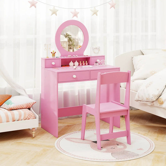 Kids pink vanity desk with round mirror and matching chair, featuring makeup accessories on Tampa Home & Garden Store