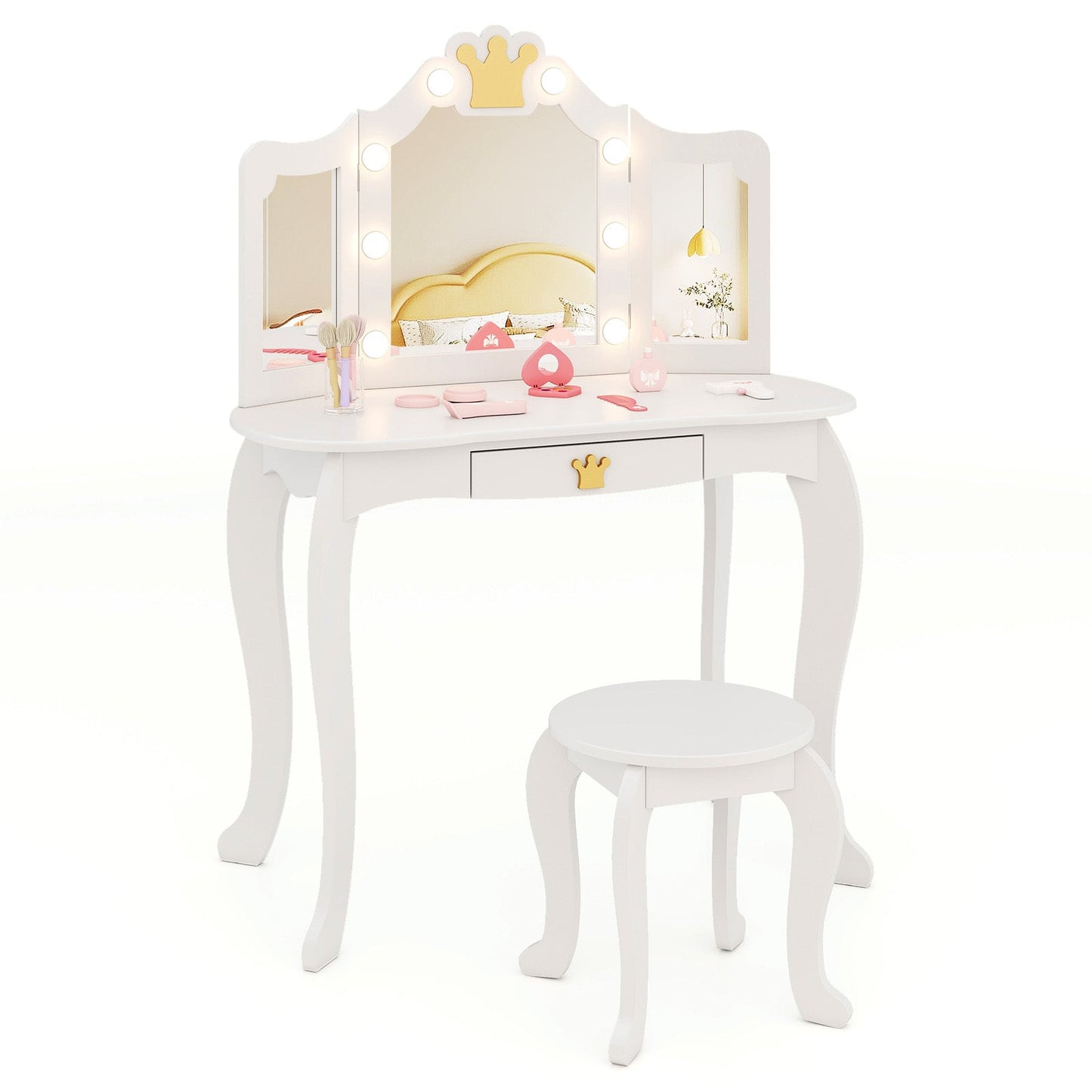 Kids Vanity Set with Tri-fold Lighted Mirror Detachable Top and Stool