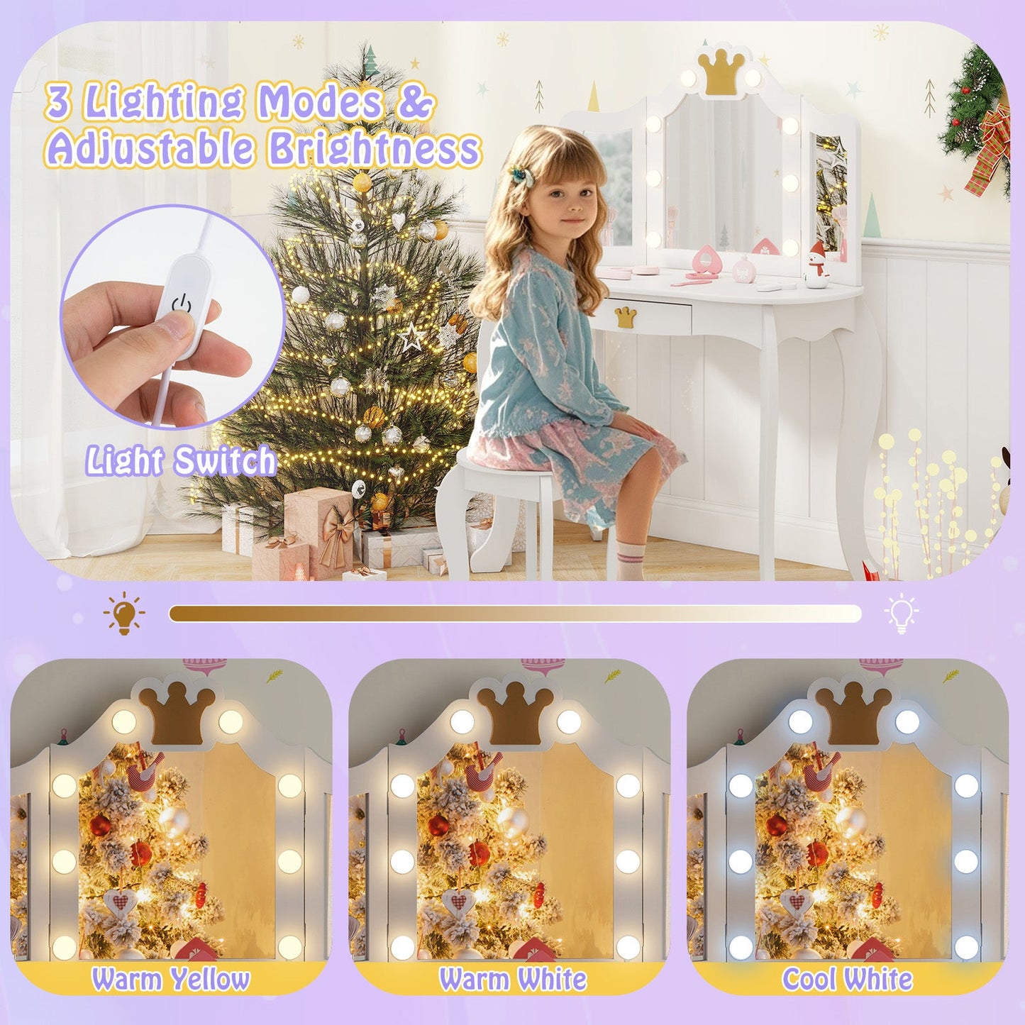 Kids Vanity Set with Tri-fold Lighted Mirror Detachable Top and Stool