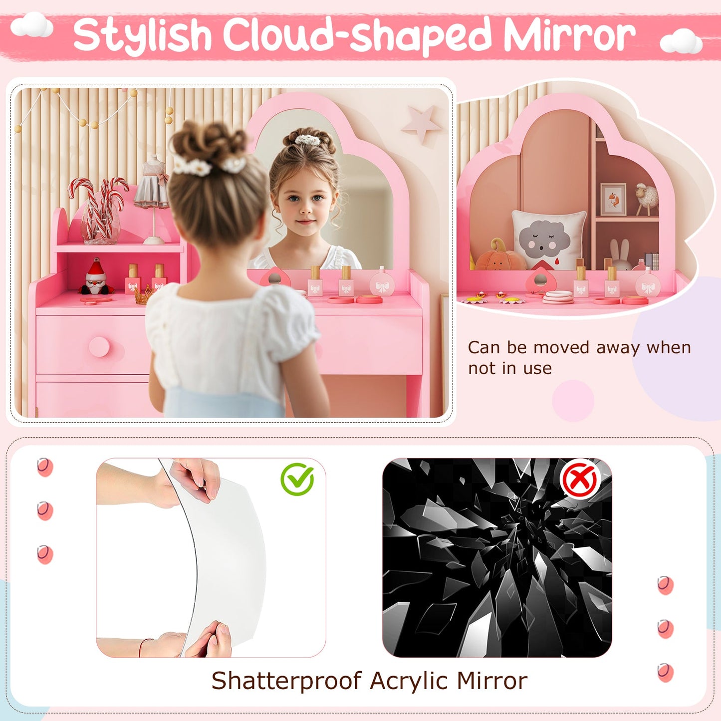 Kids Vanity Table and Chair Set with Cloud-shaped Mirror and Open Shelf